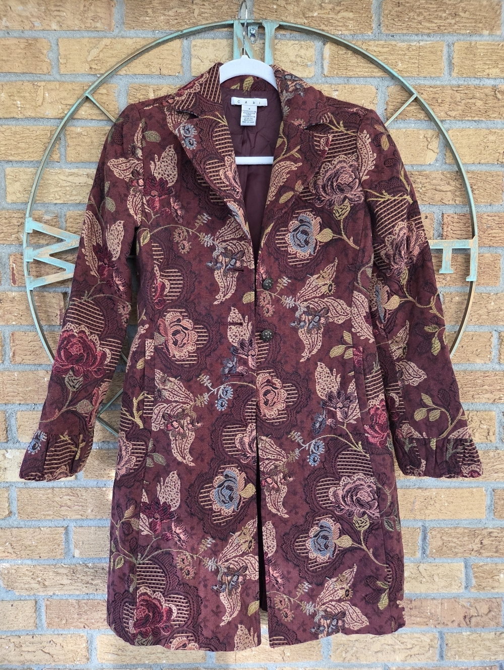 Vtg 90s Jacobean Brocade Tapestry Jacquard Embroidered Floral Coat Jacket 4 EUC!